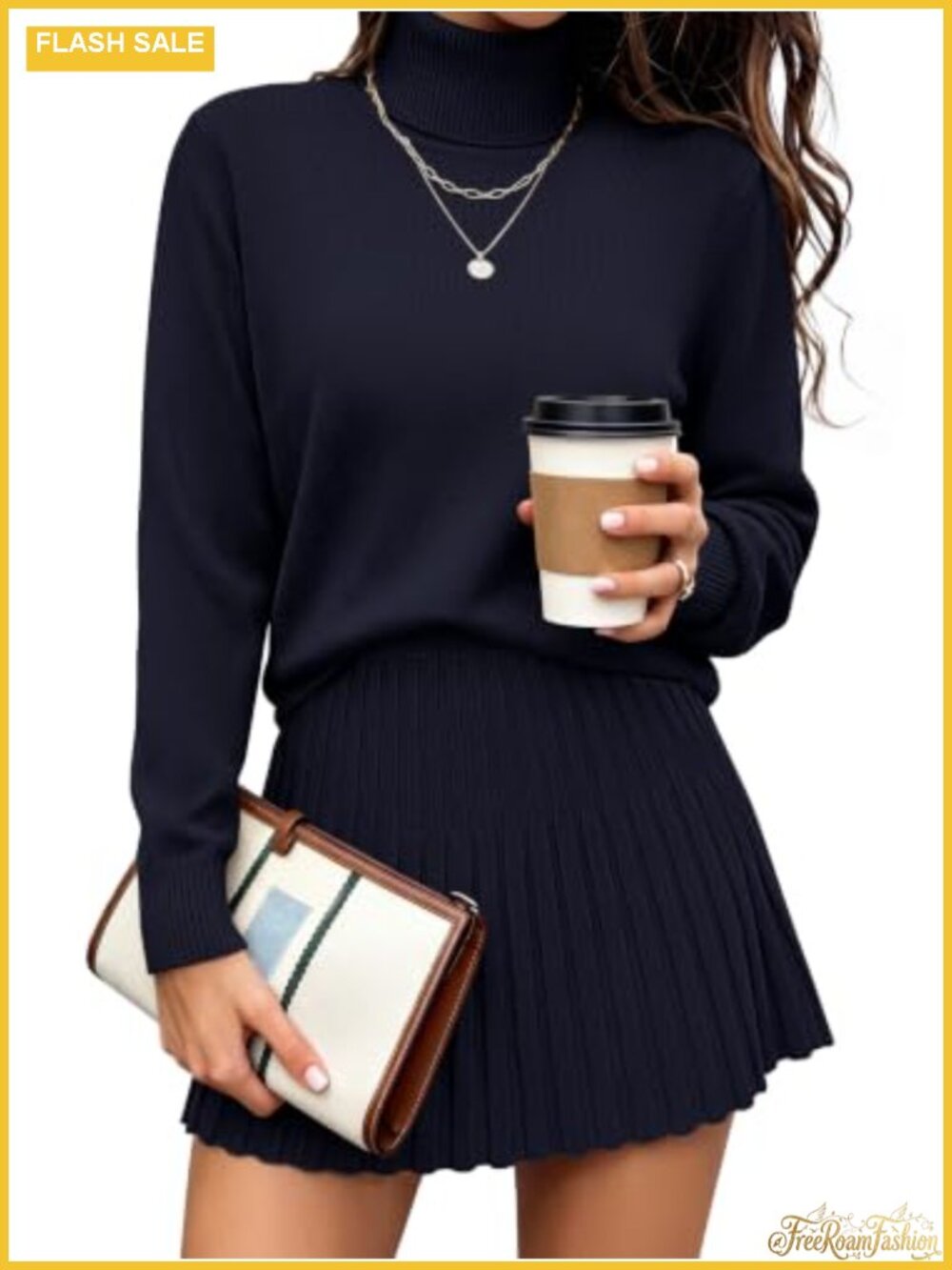 Womens 2 Piece Turtleneck Sweater and Pleated Mini Skirt Set